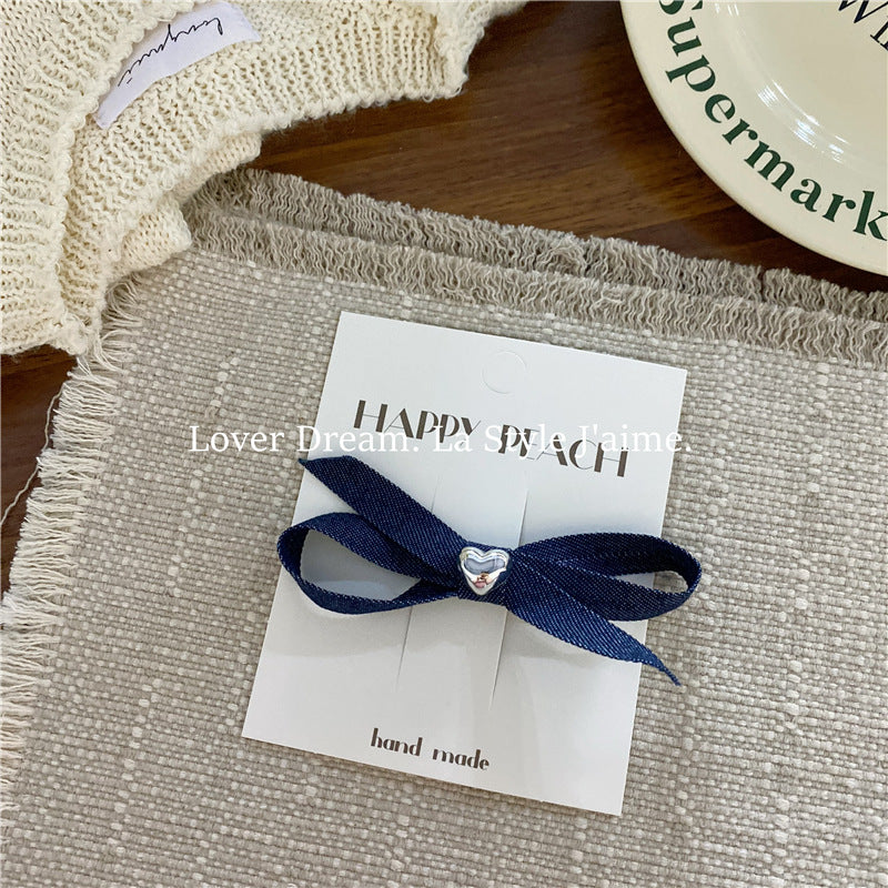 Wholesale Silver Love Blue Denim Bow Hair Clip